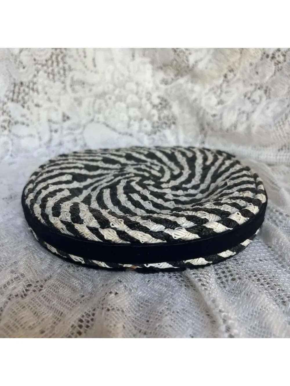 Vintage Woven Hatbox Purse Black White Straw Zelmaron 1950s